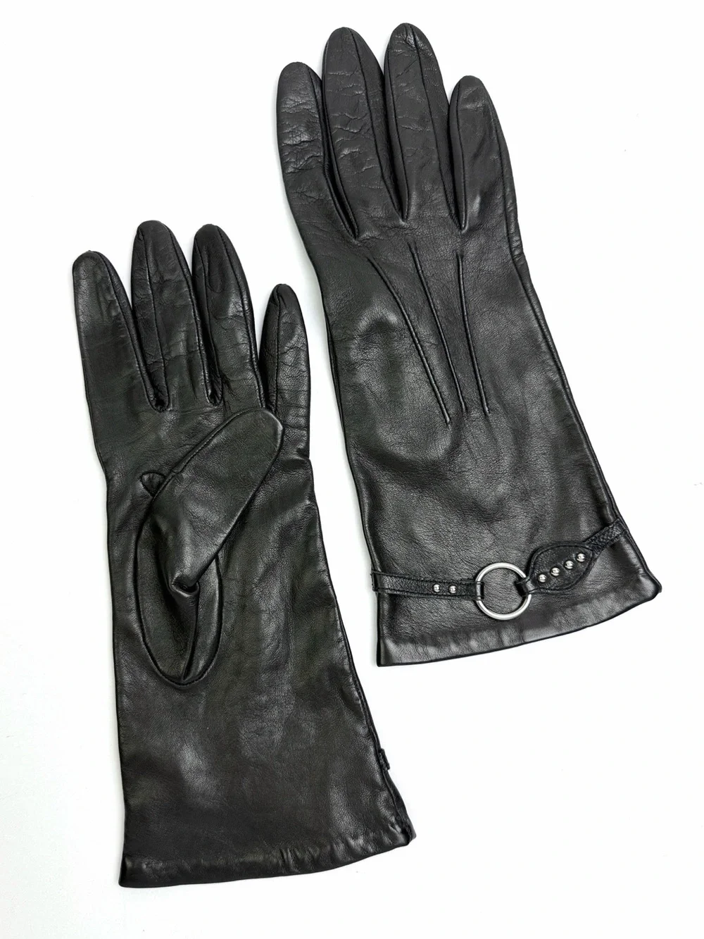 Portolano Black Leather Gloves Silk Lined with O-Ring Stud Details size 7,5